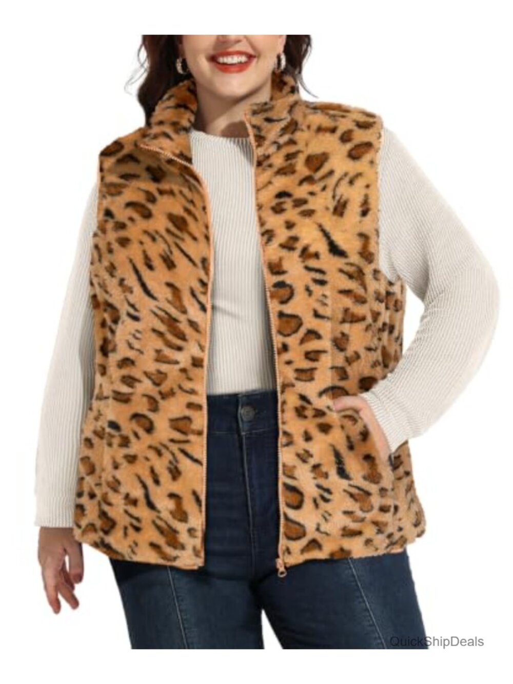 Plus Size Sherpa Fleece Vest Zip Up Sleeveless Stand Collar Fall Winter Layering